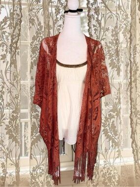 Vintage Insp Boho Fairycore Burnt Orange Lace Kimono with Fringe Trim